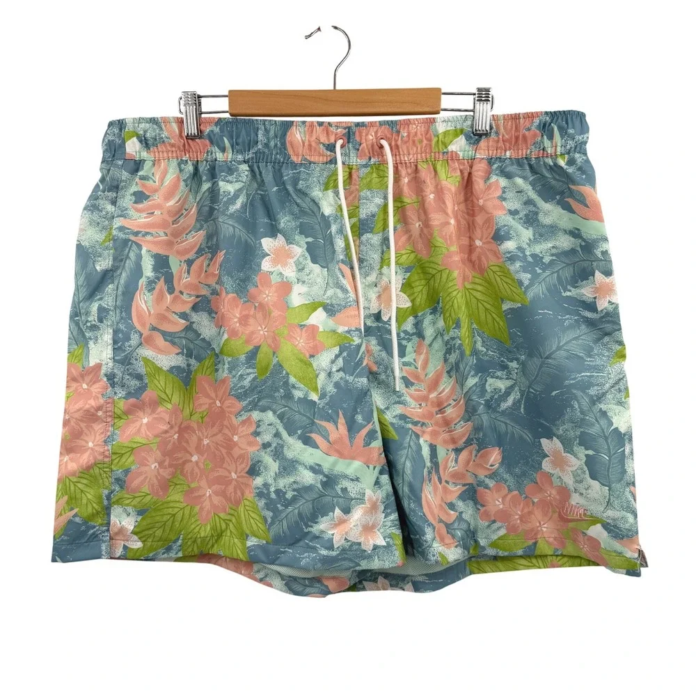 Nike Sportswear Mens Tropical Floral Swim Trunks Blue Peach Green Floral XL